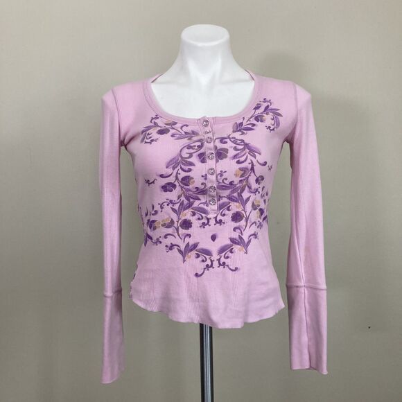 Vintage Fairy 2000s Y2K Henley DNKY Jeans Pink Floral Crystal Buttons Womens S/M - Picture 2 of 8